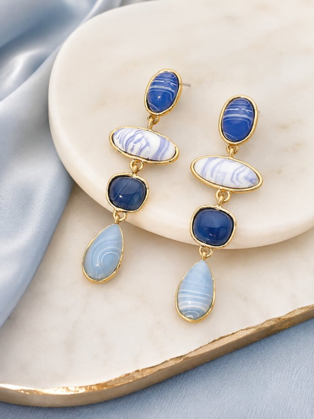 Geometric Marbled Stone Drop Earrings Blue Gold Boho Statement Earrings